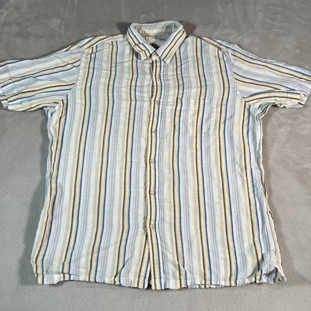 Tasso Elba Island Button Up Shirt Men's Large Linen Cotton Striped Short Sleeve
